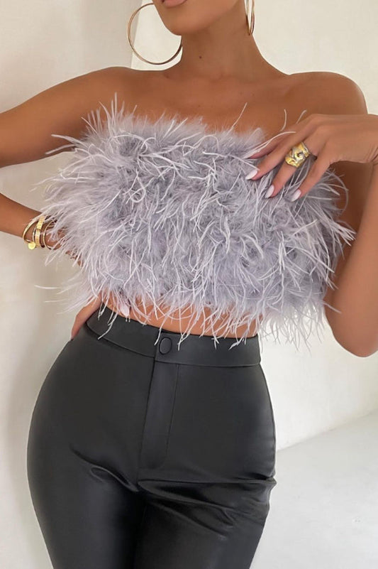 Fancy Strapless Feather Crop Top