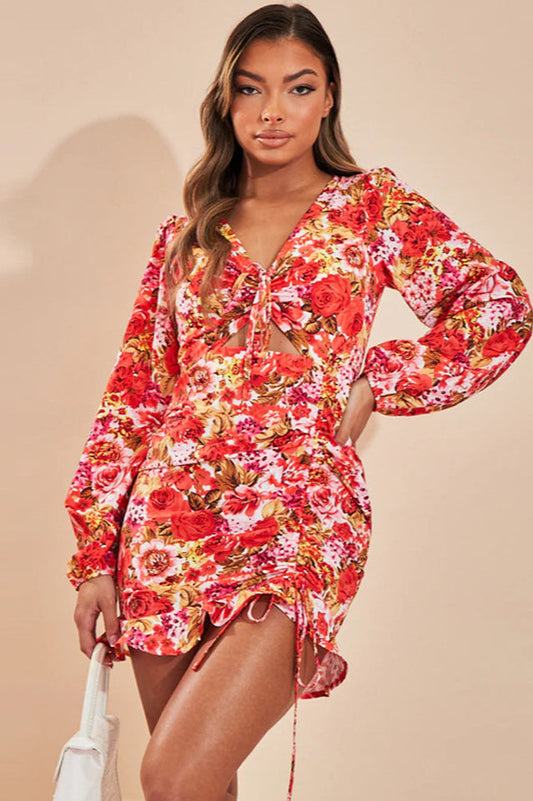 Rose Cut Out Ruched Mini Dress