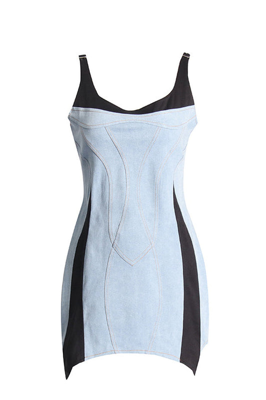 Bi-Material Spiral Denim Dress