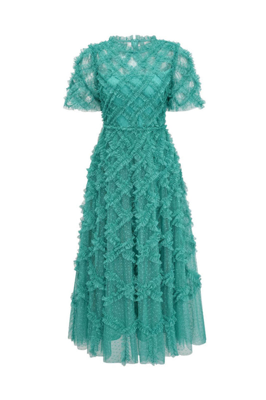 Opulent High Waist Tulle Ruffle Maxi Dress