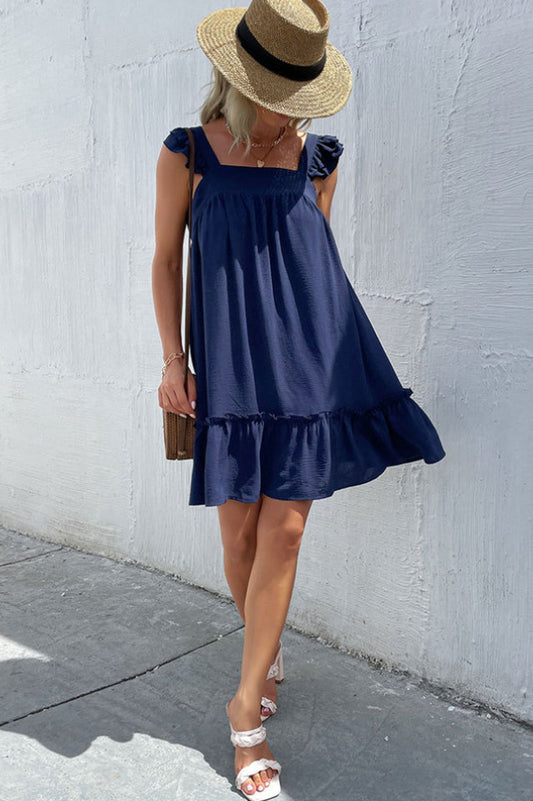 Frill Trim Solid Smock Dress