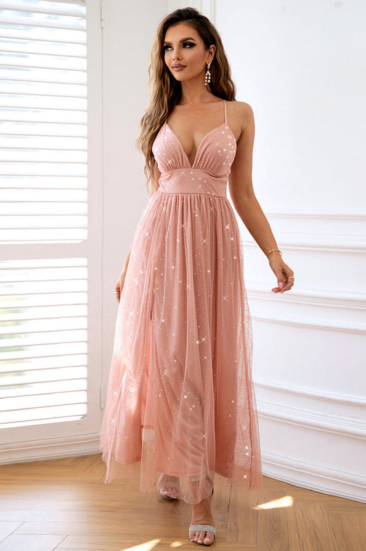 Rhinestone Ruched Split Thigh Cami Formal Dress