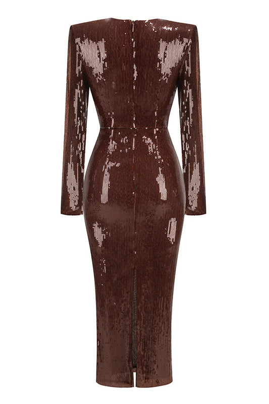Gathered Sequined Midi Dress in Brown