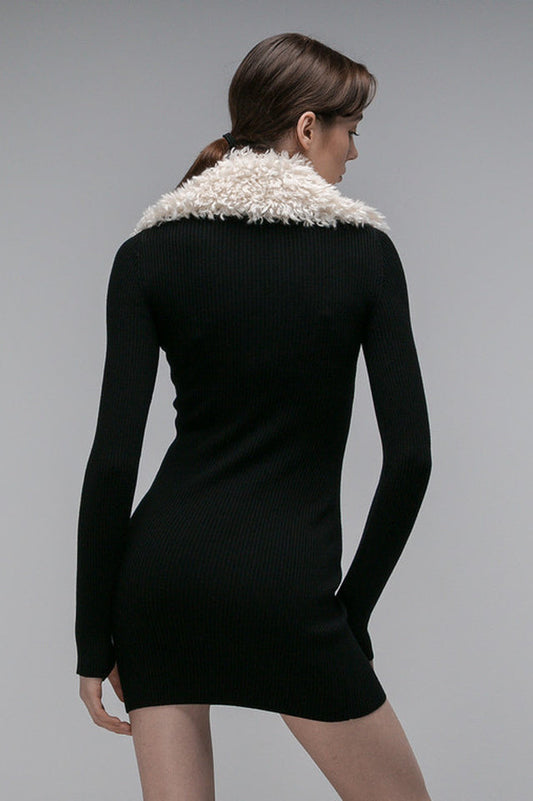Fluffy Collared Zip Detailed Knit Dress