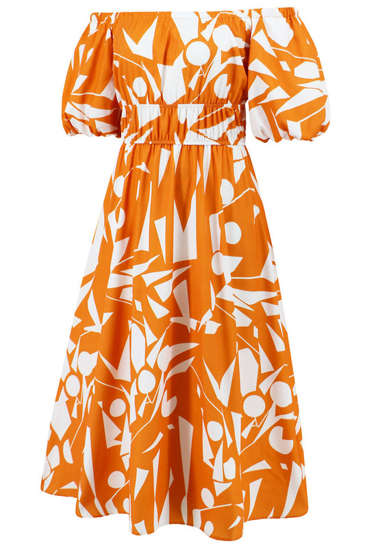 Printed Off Shoulder Balloon Sleeve Dress