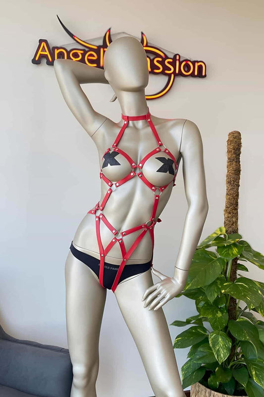 Red Leather Dancer Custom Harness
