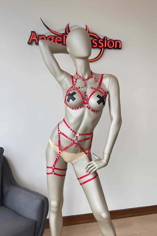 Red Sexy Elastic Garter Harness Set