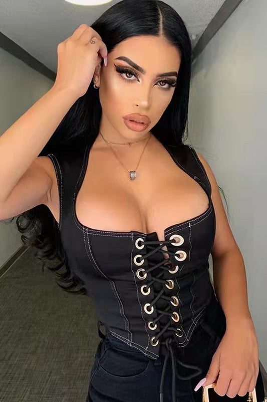 Black Lace Up Corset Tank Top