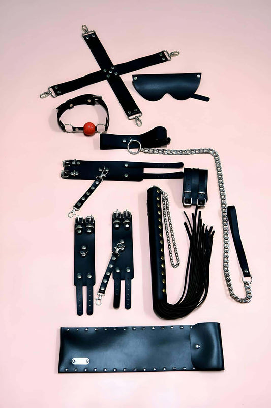 Whip Handcuff Set, 7 Piece Fantasy Handcuff Set, Hand-Foot Handcuffs, Mask, Mouth Ball