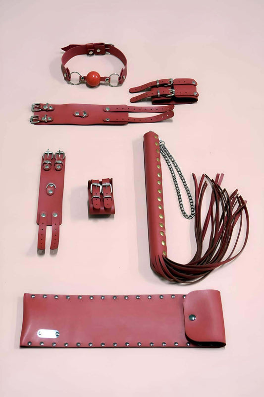 Whip Handcuff Set 4 Piece Set, Hand - Foot Handcuffs, Whip, Mouth Ball