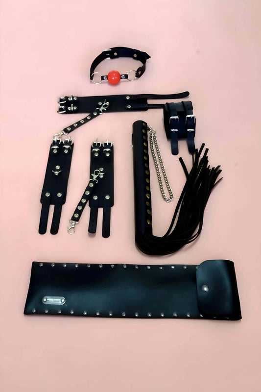 Fantasy Whip Set 4 Piece Set, Hand - Foot Cuffs, Whip, Mouth Ball