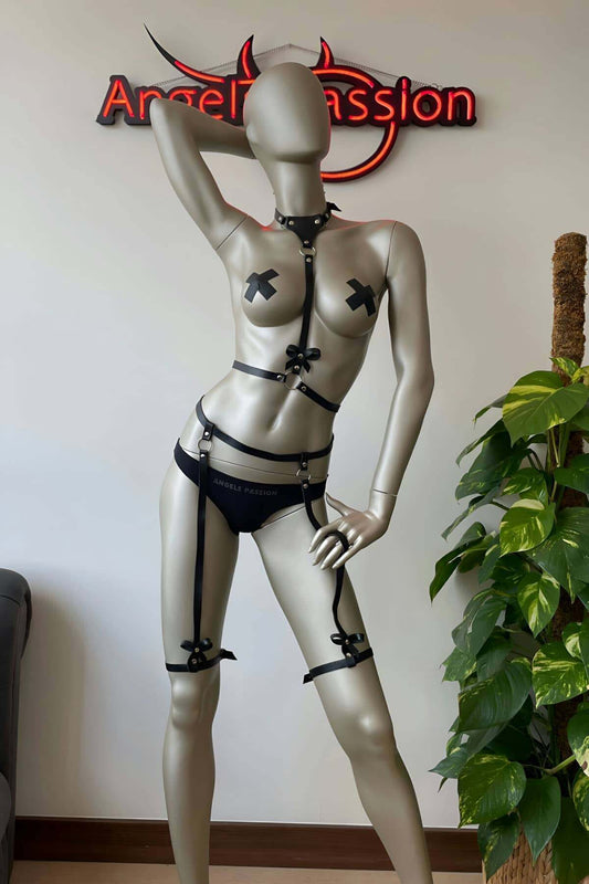 Bow Detailed Leather Garter Harness Underwear