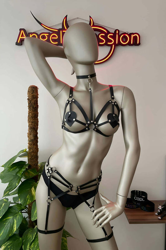 Leather Garter Black Harness Set