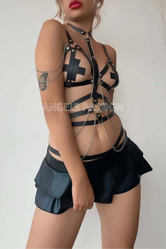 Black Leather Corset Harness Set