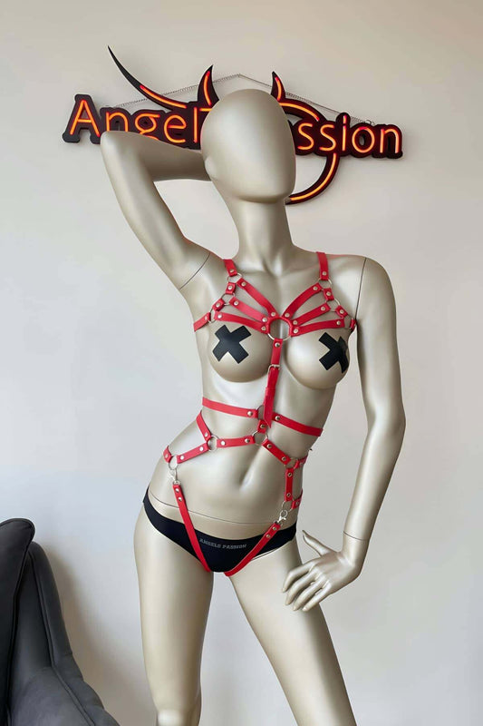Body-hugging Red Leather Harness Fantasy Clothing - sexy harness