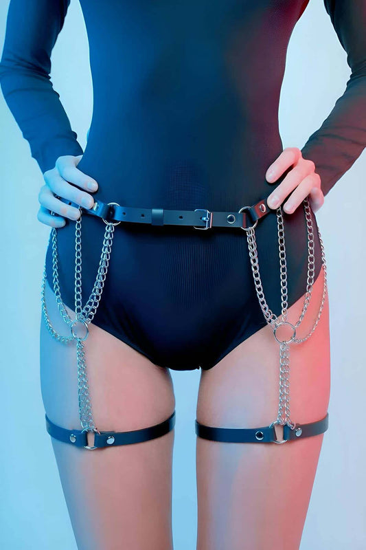 Sexy Leather Waistband Leg Garter Harness with Chain Detail