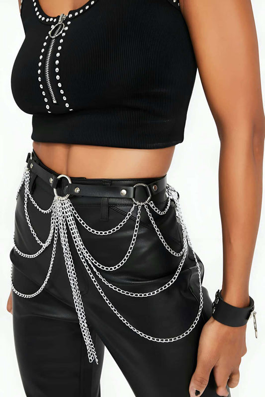 Stylish Leather Harness Belt with Chain Detail
