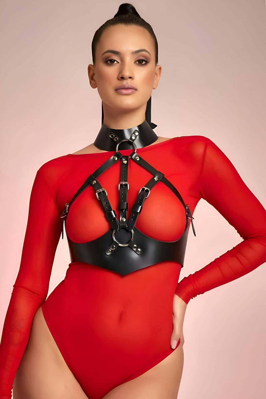 Halter Neck Open Chest Leather Fantasy Bra Harness