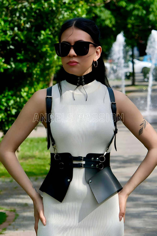 Dress, T-Shirt and Shirt Over Leather Stylish Belt and Choker Set