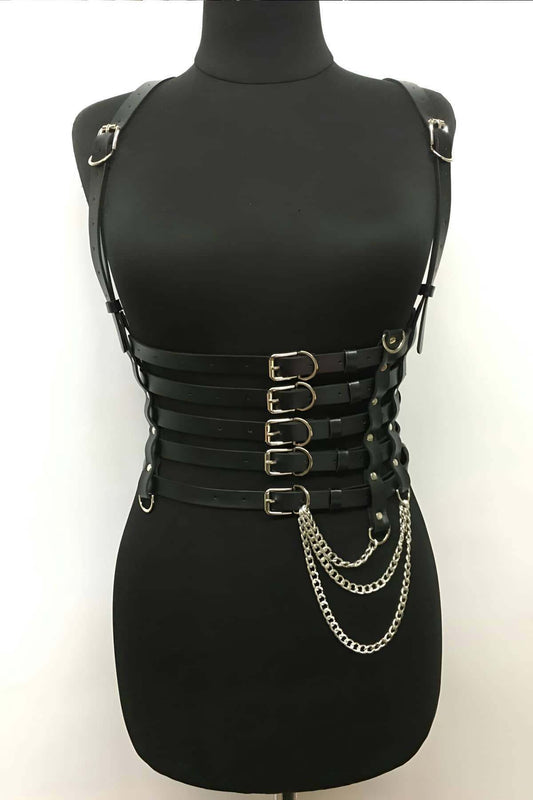 Stylish Leather Belt with 5 Row Chain Details