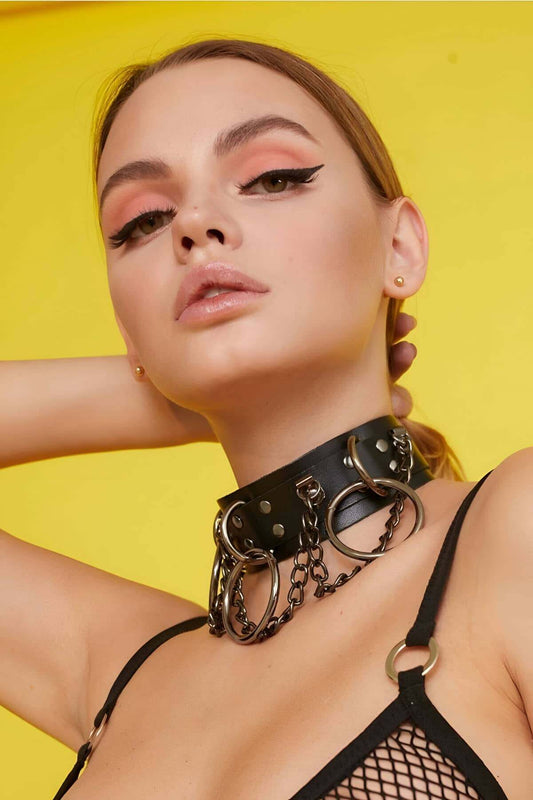 Wide Strip Leather Choker with Ring and Chain Detail