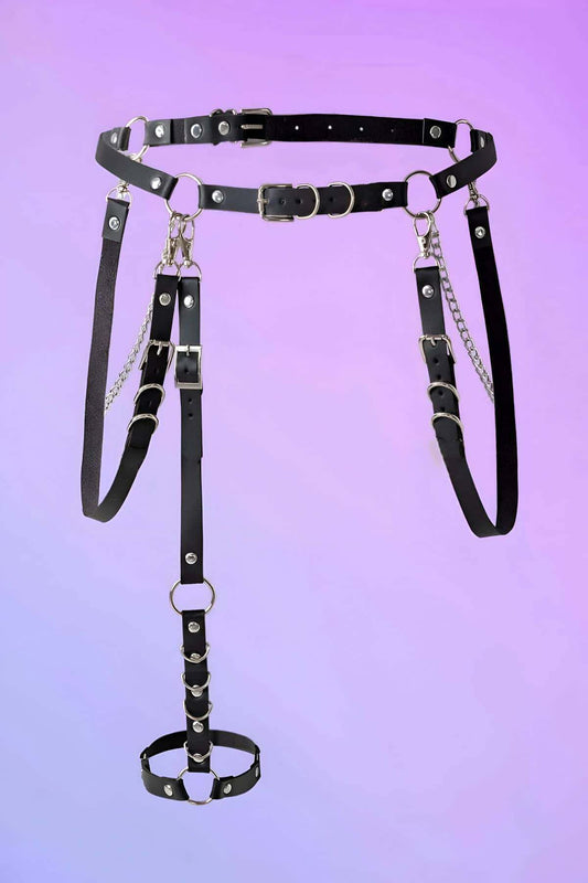 Stylish Leather Belt with Ring and Chain Details - sexy harness
