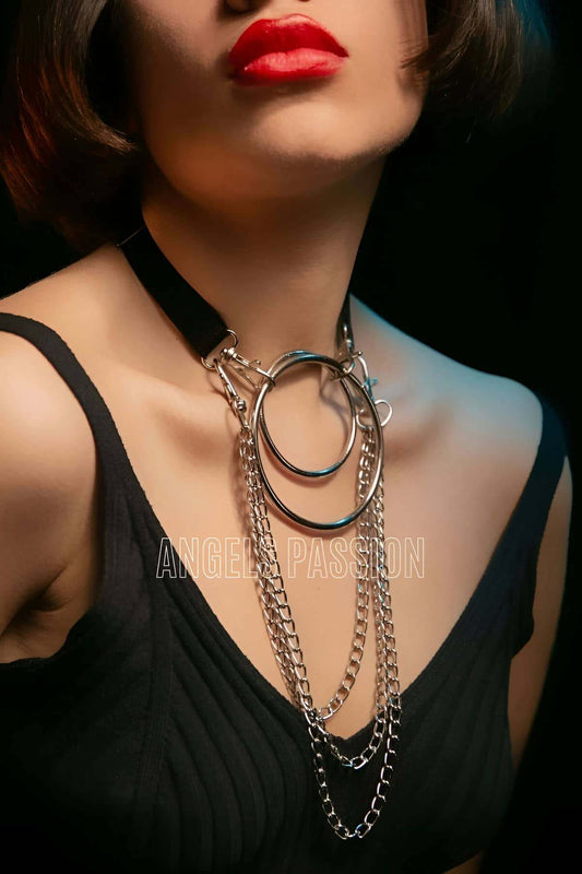 Harness Necklace, Stylish Rubber Choker Harness, Ring Detailed Collar