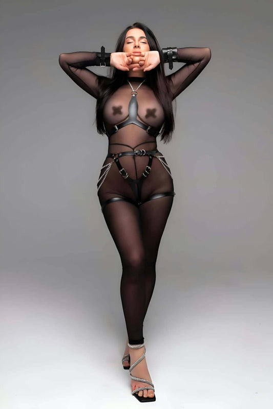 Handcuff Detailed Open Crotch Harness Panties and Chest Harness Set