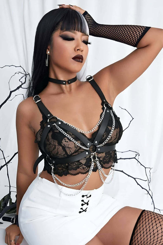 Stylish Leather Chain Chest Collar and Bracelet Harness Set
