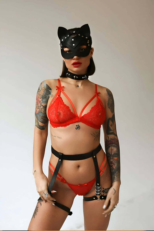 Sexy Leather Mask Collar And Garter Harness Set