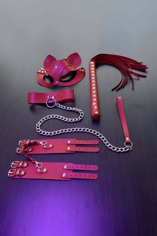 Red Fantasy Set, Whip - Handcuffs - Collar - Mask Set