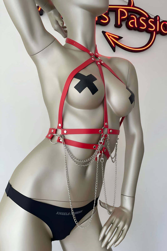 Stylish Leather Harness with Red and Chain Details