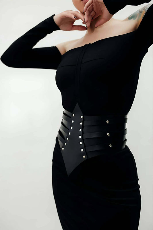 Rivet Detailed, Stylish Dress Over Leather Corset Belt, Dress Belt