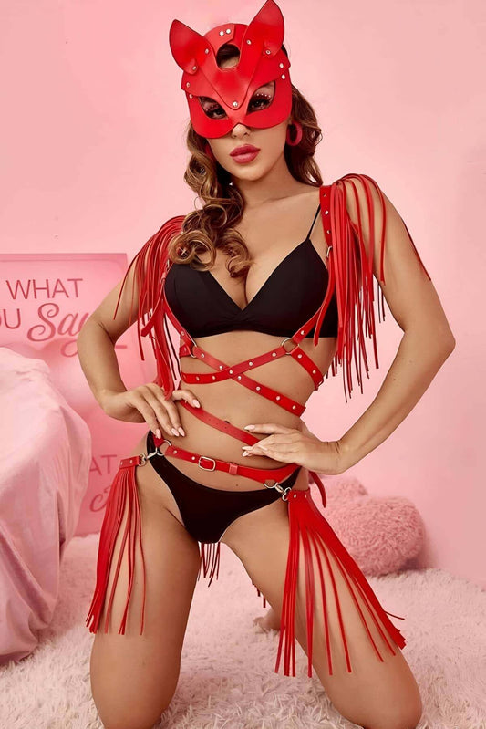 Masked and Tasseled Leather Skirt - Jacket Set