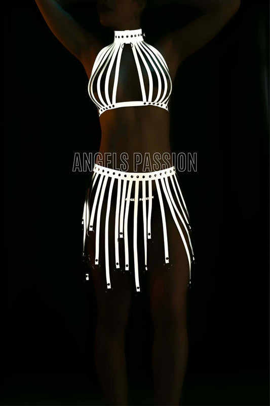 Sexy Tassel Reflective Skirt Bustier Set