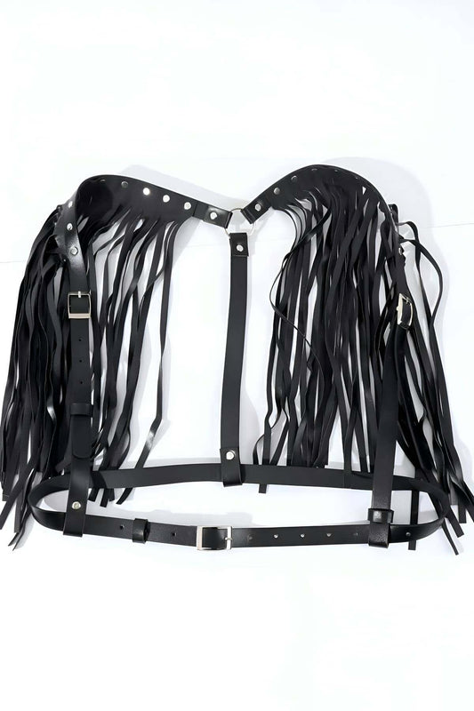 Stylish Leather Waist Belt Harness with Tassels on Shoulder