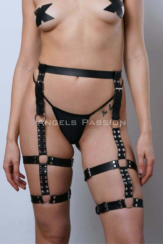Leather Belt Leg Harness, Leather Leg Garter with Rivet Detail