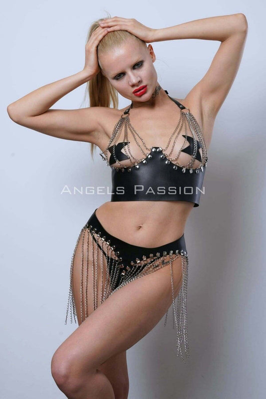 Chain Bustier Skirt Set, Stylish Leather Skirt and Bustier