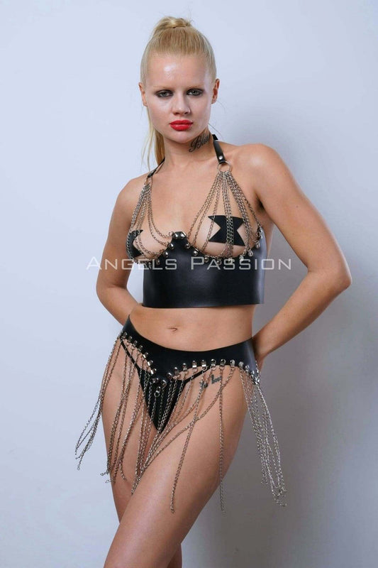 Chain Bustier Skirt Set, Stylish Leather Skirt and Bustier