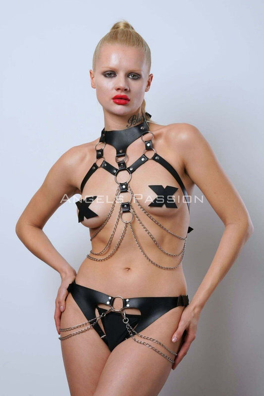 Fantasy Panty Harness Set with Open Chest and Crotch and Handcuffs