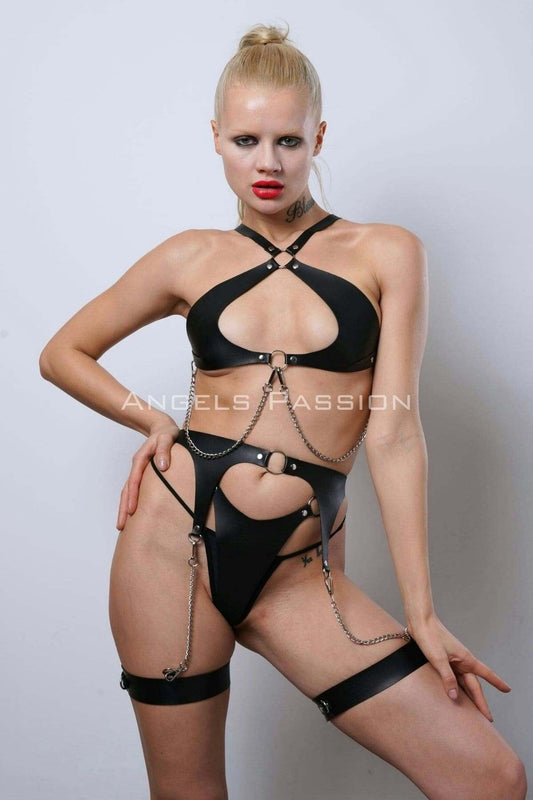Leather Fantasy Underwear Set, Stylish Leather Harness Set, Club Wear