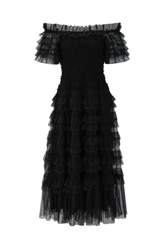 Off Shoulder Dotted Tulle Maxi Dress