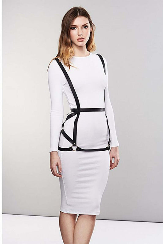 Leather Harness Over Sexy Leather Dress