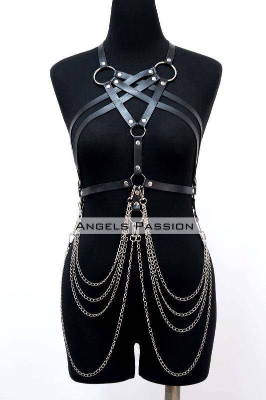 Chain Detailed Leather Chest Harness, Leather Fantasy Clothing, Dress Accessory
