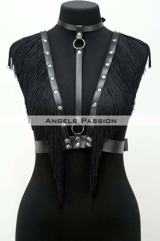 Tassel and Leather Bustier Harness, Tassel Clubwear, Leather Bustier