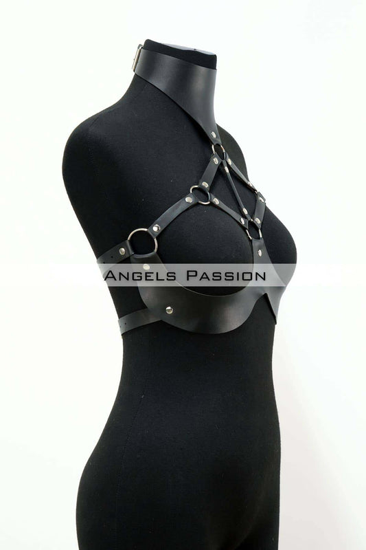 Leather Fantasy Clothing with Open Breasts, Leather Breast Harness