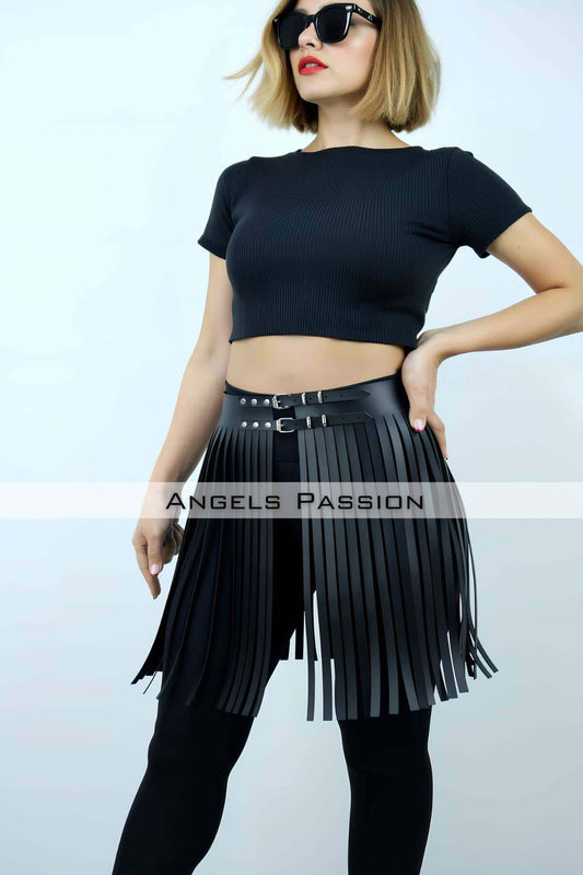 47 cm Stylish Tassel Leather Skirt, Tassel Skirt Over Shorts, Stylish Tassel Mini Skirt