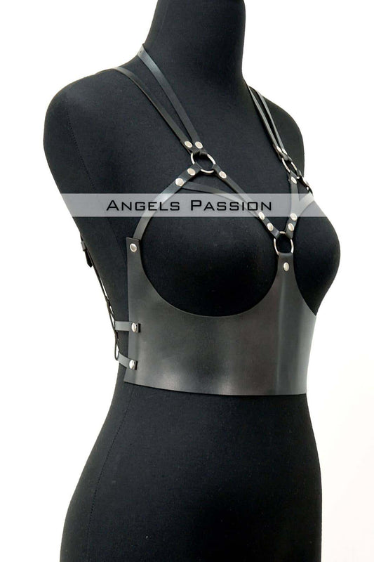 Leather Harness Bustier with Chest Detail, Stylish Leather Corset