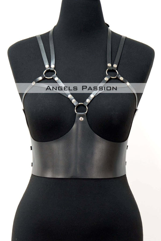 Leather Harness Bustier with Chest Detail, Stylish Leather Corset