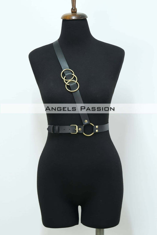 Single Strap Leather Waist Belt Over Chest with Yellow Accessories, Sexy Accessory
